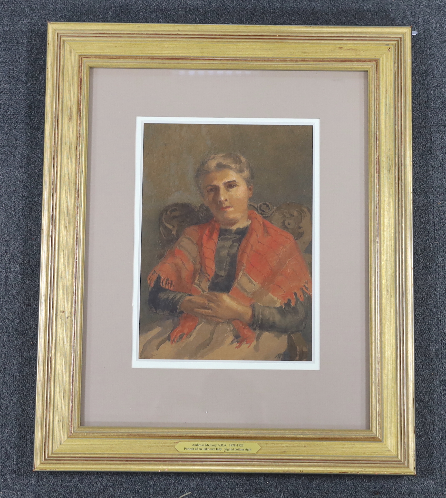 Attributed to Arthur Ambrose McEvoy (1878-1927), watercolour, Portrait of an unknown lady, bears signature, applied plaque to the frame, 31 x 21cm